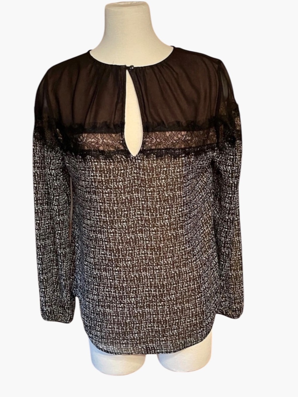 White House Black Market Black & White Sheer Yoke Knit Blouse
